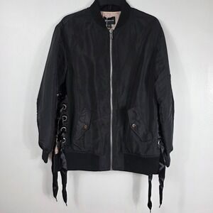 Stradivarius Womens Black Lace Up Side Grommet Bomber Jacket Full Zip Size S